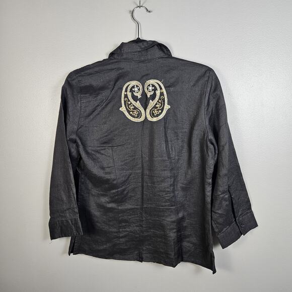 Richard Malcolm Linen Embroidered Paisley Button Shirt Black Gold Women’s M - Picture 2 of 6